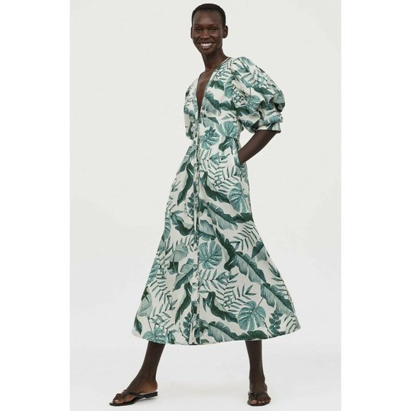 JOHANNA ORTIZ H&M COLLABORATION GREEN LEAF PRINT LINEN DRESS SIZE LARGE - Picture 2 of 10